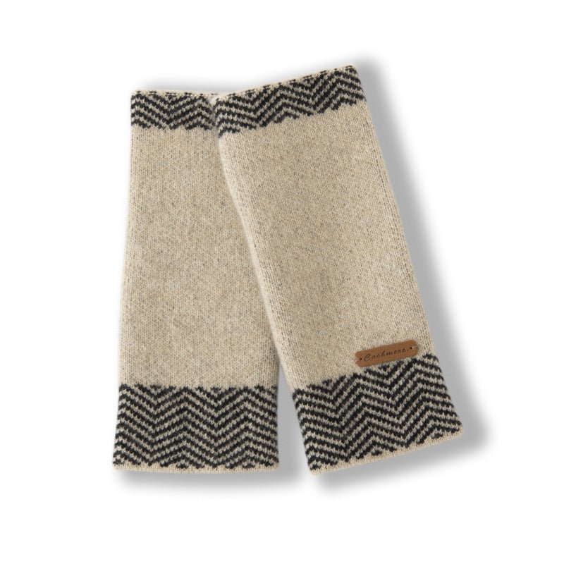Cashmere Fingerless Gloves With Herringbone Thermal Knit Half Finger Beige M