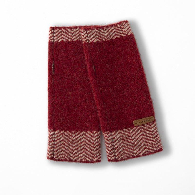 Cashmere Fingerless Gloves With Herringbone Thermal Knit Half Finger Claret M