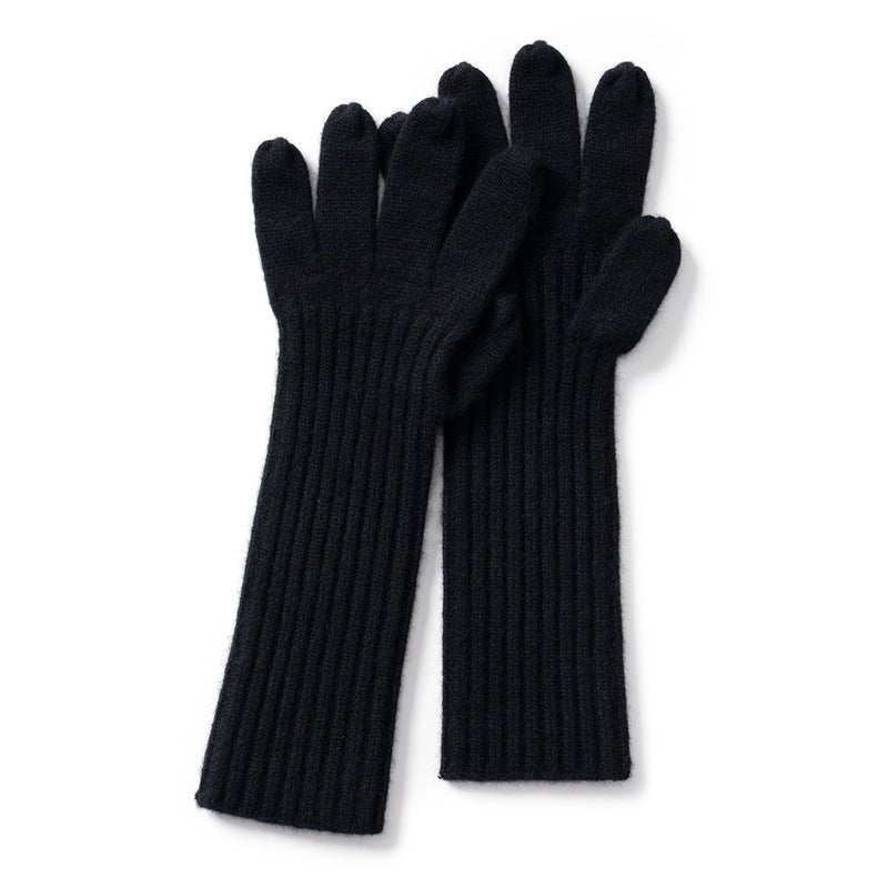 Womens Cashmere Knit Gloves Ribbed Cashmere Gloves with Long Cuffs Black M