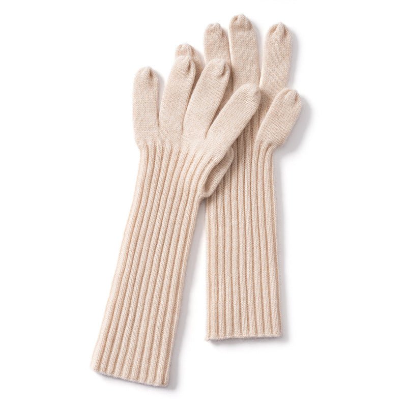 Womens Cashmere Knit Gloves Ribbed Cashmere Gloves with Long Cuffs Beige M