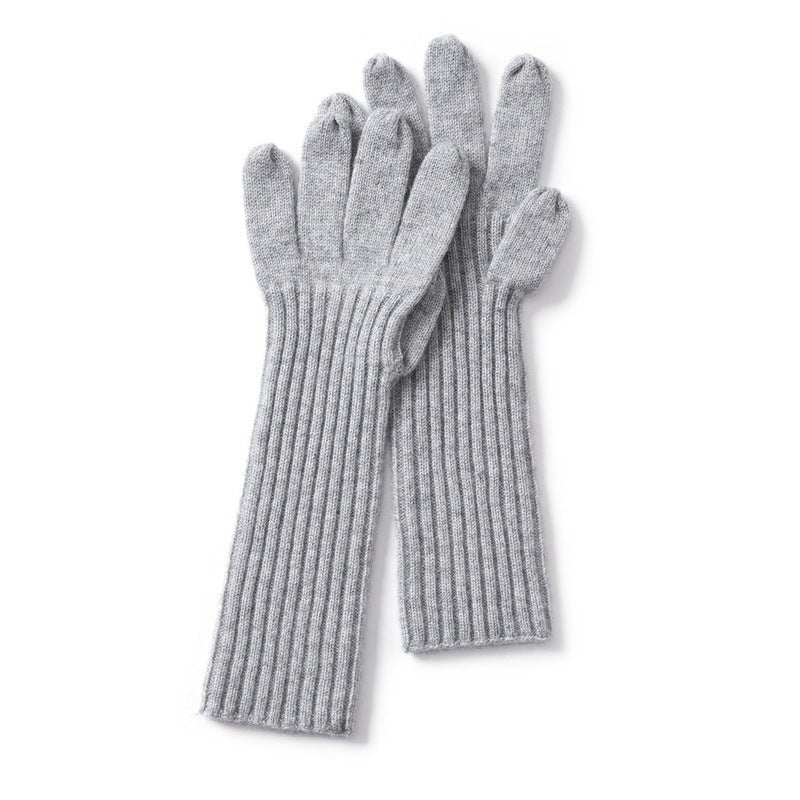 Womens Cashmere Knit Gloves Ribbed Cashmere Gloves with Long Cuffs Grey M
