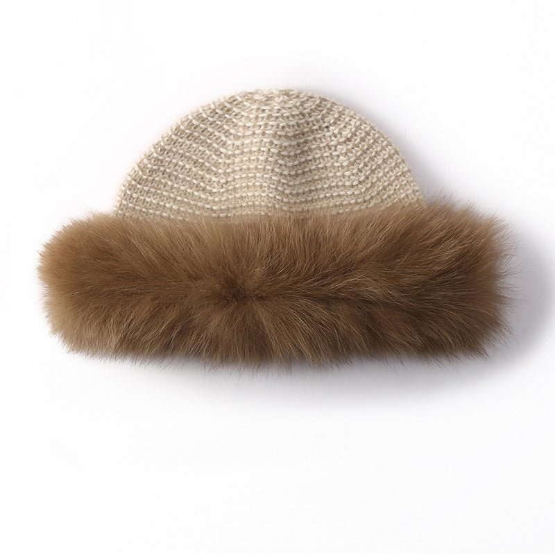 Womens Cashmere Knit Hat with Real FurTrim Cashmere Bucket Hat Brown M