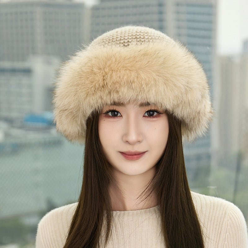 Womens Cashmere Knit Hat with Real FurTrim Cashmere Bucket Hat Beige M