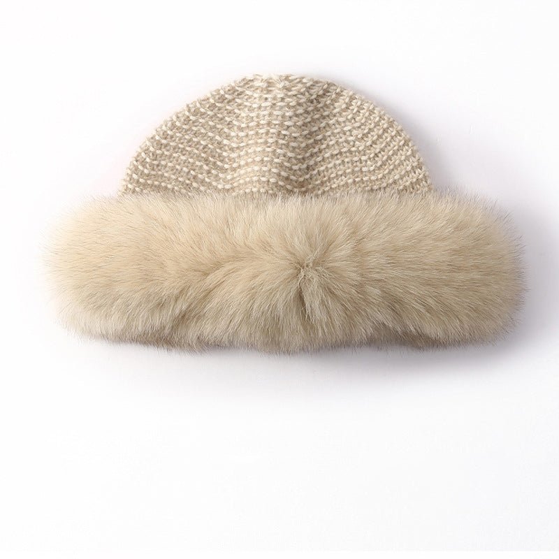 Womens Cashmere Knit Hat with Real FurTrim Cashmere Bucket Hat Beige M