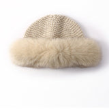 Womens Cashmere Knit Hat with Real FurTrim Cashmere Bucket Hat Beige M