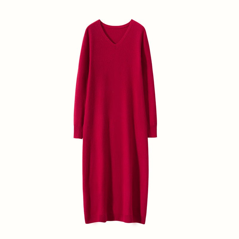 Womens Cashmere Knit Midi Dress Long Sleeve V Neck Cashmere Dress Claret XS