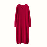 Womens Cashmere Knit Midi Dress Long Sleeve V Neck Cashmere Dress Claret XS