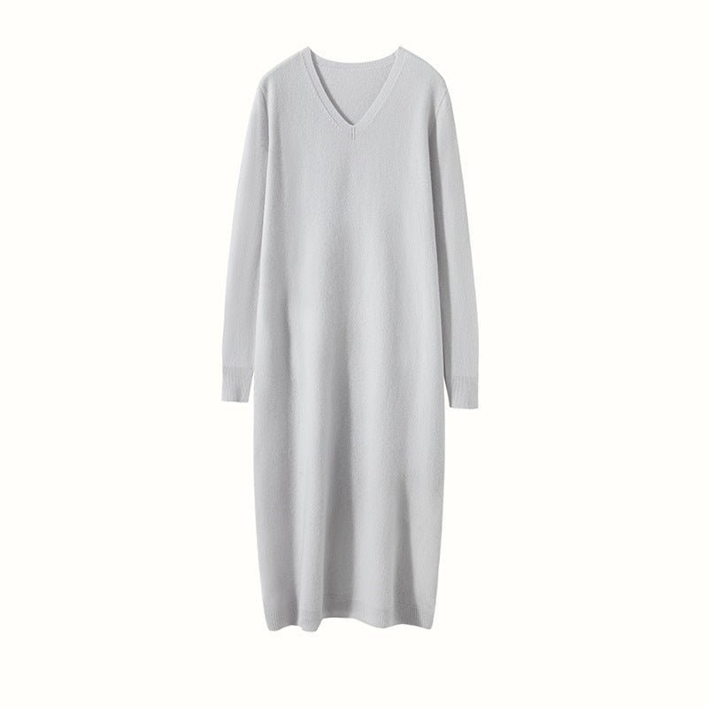 Womens Cashmere Knit Midi Dress Long Sleeve V Neck Cashmere Dress Off White XS