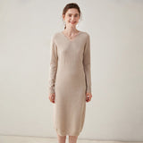 Womens Cashmere Knit Midi Dress Long Sleeve V Neck Cashmere Dress Beige XS
