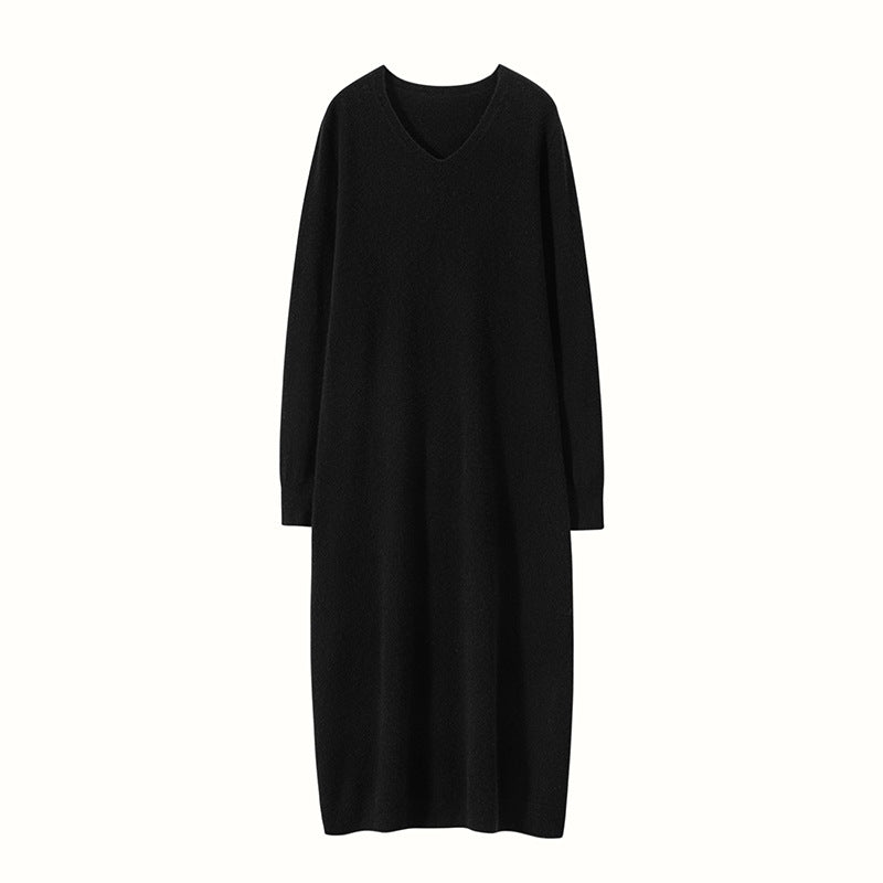 Womens Cashmere Knit Midi Dress Long Sleeve V Neck Cashmere Dress Black XS