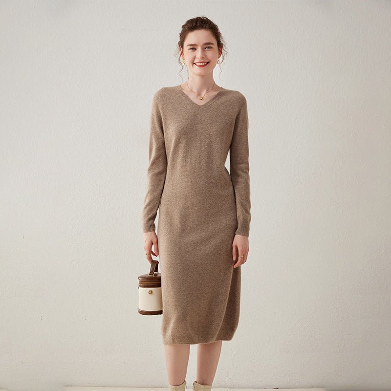 Womens Cashmere Knit Midi Dress Long Sleeve V Neck Cashmere Dress Taupe XS