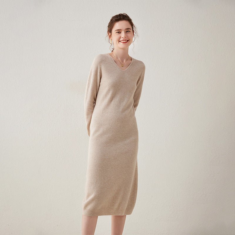 Womens Cashmere Knit Midi Dress Long Sleeve V Neck Cashmere Dress Beige XS
