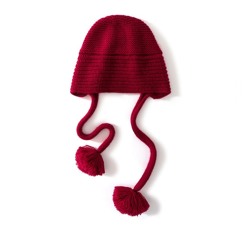 Womens Cashmere Knit Pom - Pom Hat with Ties Cute Cashmere Cap Claret M