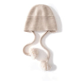 Womens Cashmere Knit Pom - Pom Hat with Ties Cute Cashmere Cap Beige M