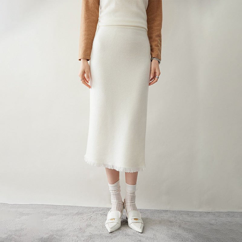 Womens Cashmere Knit Midi Skirt High Waist Frayed Hem Cashmere Dresses Ivory XS