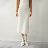 Womens Cashmere Knit Midi Skirt High Waist Frayed Hem Cashmere Dresses Ivory XS