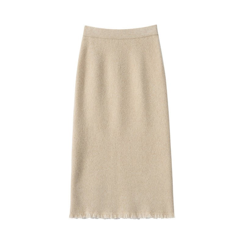 Womens Cashmere Knit Midi Skirt High Waist Frayed Hem Cashmere Dresses Beige XS