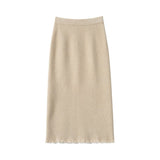 Womens Cashmere Knit Midi Skirt High Waist Frayed Hem Cashmere Dresses Beige XS