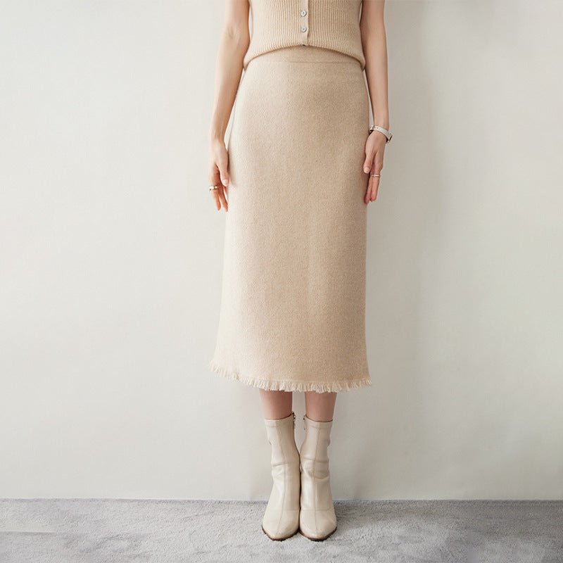 Womens Cashmere Knit Midi Skirt High Waist Frayed Hem Cashmere Dresses Beige XS