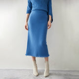 Womens Cashmere Knit Midi Skirt High Waist Frayed Hem Cashmere Dresses Blue XS