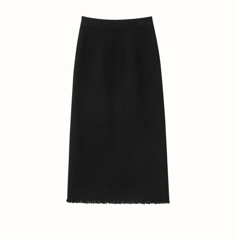 Womens Cashmere Knit Midi Skirt High Waist Frayed Hem Cashmere Dresses Black XS