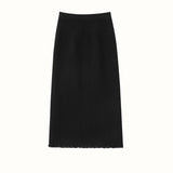 Womens Cashmere Knit Midi Skirt High Waist Frayed Hem Cashmere Dresses Black XS