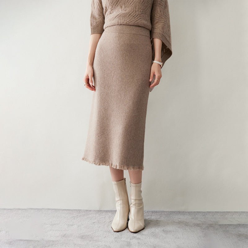 Womens Cashmere Knit Midi Skirt High Waist Frayed Hem Cashmere Dresses Taupe XS