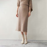 Womens Cashmere Knit Midi Skirt High Waist Frayed Hem Cashmere Dresses Taupe XS