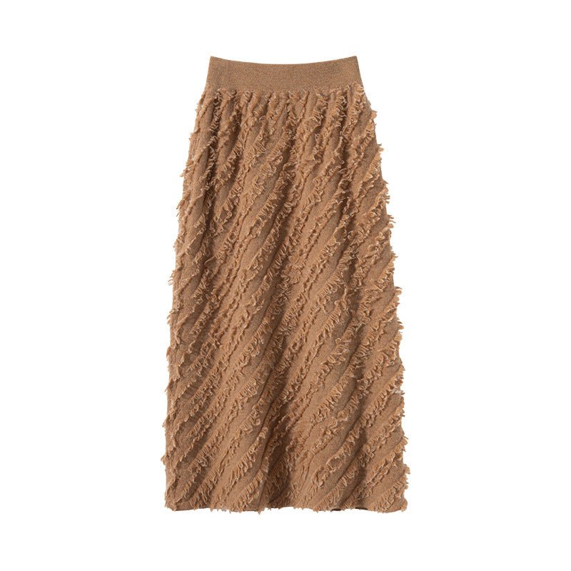 Womens Cashmere Textured Midi Skirt High Waist Fringe Cashmere Dress Camel XS