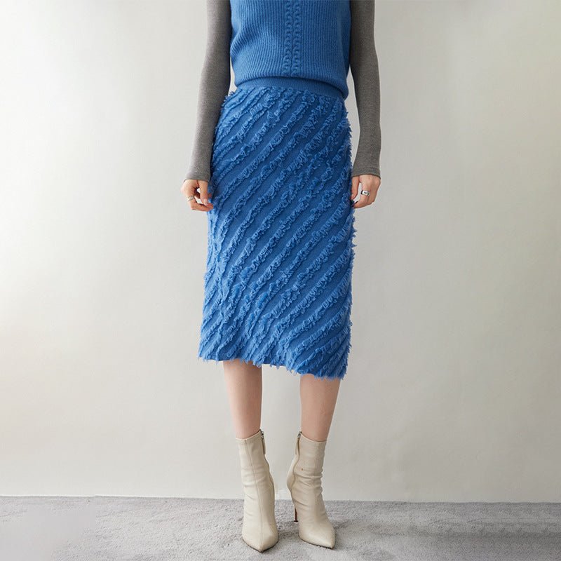 Womens Cashmere Textured Midi Skirt High Waist Fringe Cashmere Dress Blue XS