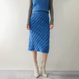 Womens Cashmere Textured Midi Skirt High Waist Fringe Cashmere Dress Blue XS