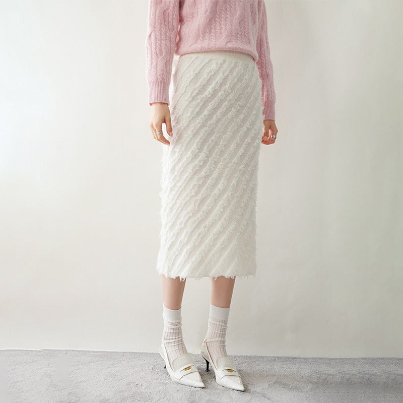Womens Cashmere Textured Midi Skirt High Waist Fringe Cashmere Dress Ivory XS