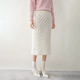 Womens Cashmere Textured Midi Skirt High Waist Fringe Cashmere Dress Ivory XS