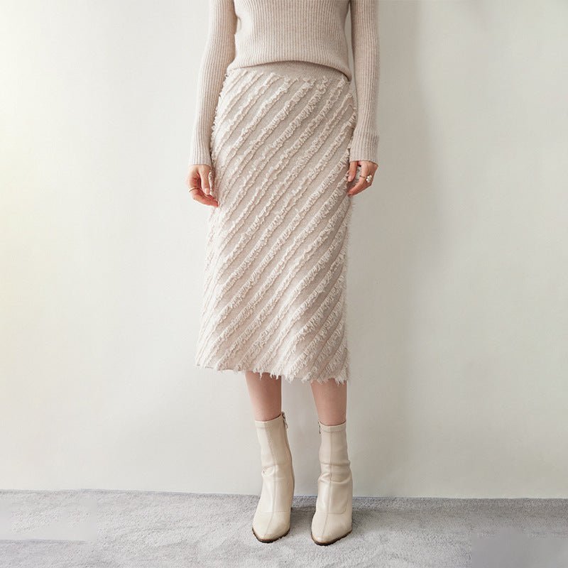 Womens Cashmere Textured Midi Skirt High Waist Fringe Cashmere Dress Apricot XS