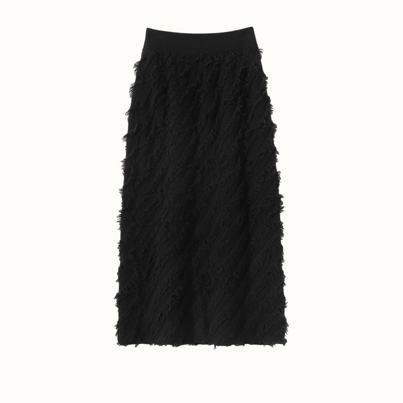 Womens Cashmere Textured Midi Skirt High Waist Fringe Cashmere Dress Black XS