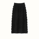 Womens Cashmere Textured Midi Skirt High Waist Fringe Cashmere Dress Black XS