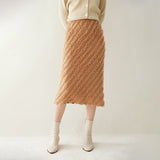 Womens Cashmere Textured Midi Skirt High Waist Fringe Cashmere Dress Camel XS