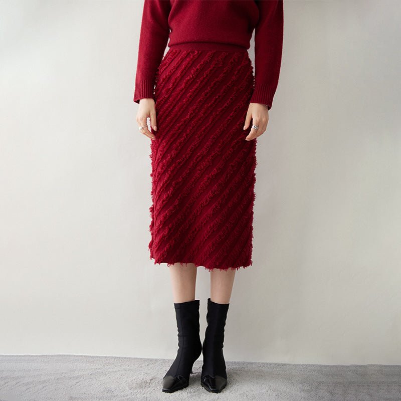 Womens Cashmere Textured Midi Skirt High Waist Fringe Cashmere Dress Claret XS