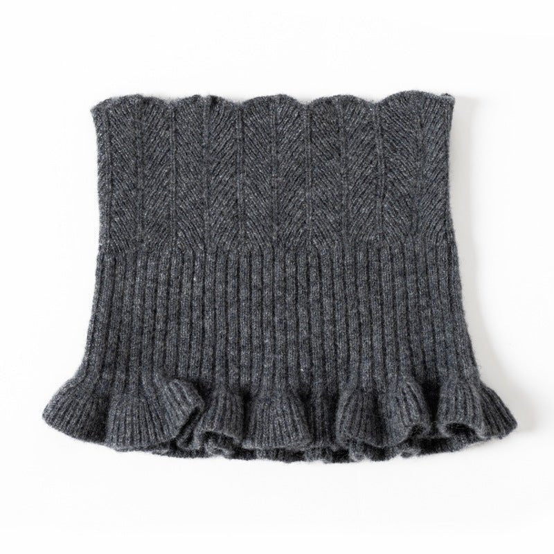 Womens Cashmere Neck Warmer Ribbed Knit Cashmere Snood with Ruffled Edge Gray M