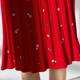 Womens Cashmere Ribbed Knit Dress Crewneck Embellished Pleated Dress Red XS