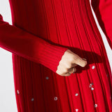 Womens Cashmere Ribbed Knit Dress Crewneck Embellished Pleated Dress Red XS