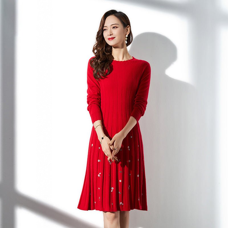 Womens Cashmere Ribbed Knit Dress Crewneck Embellished Pleated Dress Red XS