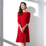 Womens Cashmere Ribbed Knit Dress Crewneck Embellished Pleated Dress Red XS