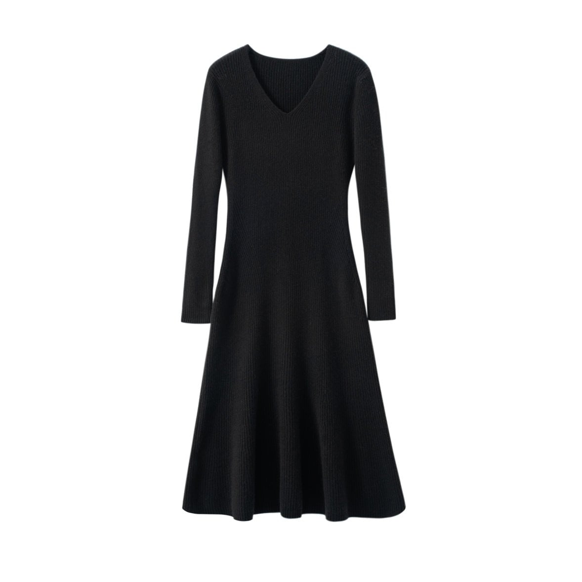 Womens Cashmere Ribbed Knit Midi Dress V Neck Flared Hem Mermaid Dress Black XS