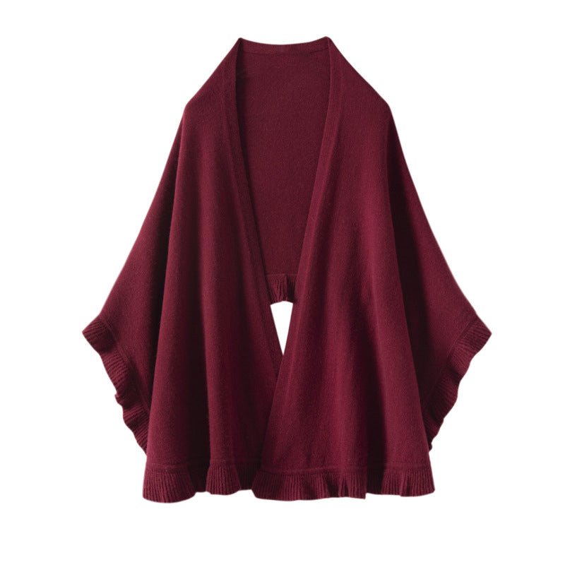 Womens Cashmere Ruffle - edge Cape Shawl And Wraps Flounce Edge Cloak Claret L