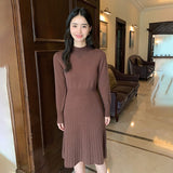 Womens Cashmere Sweater Dress Long Sleeve Ribbed Waist Cashmere Midi Dress Coffee XS