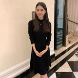 Womens Cashmere Sweater Dress Long Sleeve Ribbed Waist Cashmere Midi Dress Black XS
