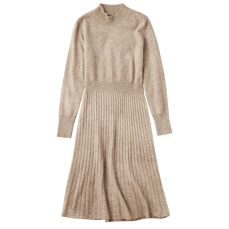 Womens Cashmere Sweater Dress Long Sleeve Ribbed Waist Cashmere Midi Dress Oatmeal XS