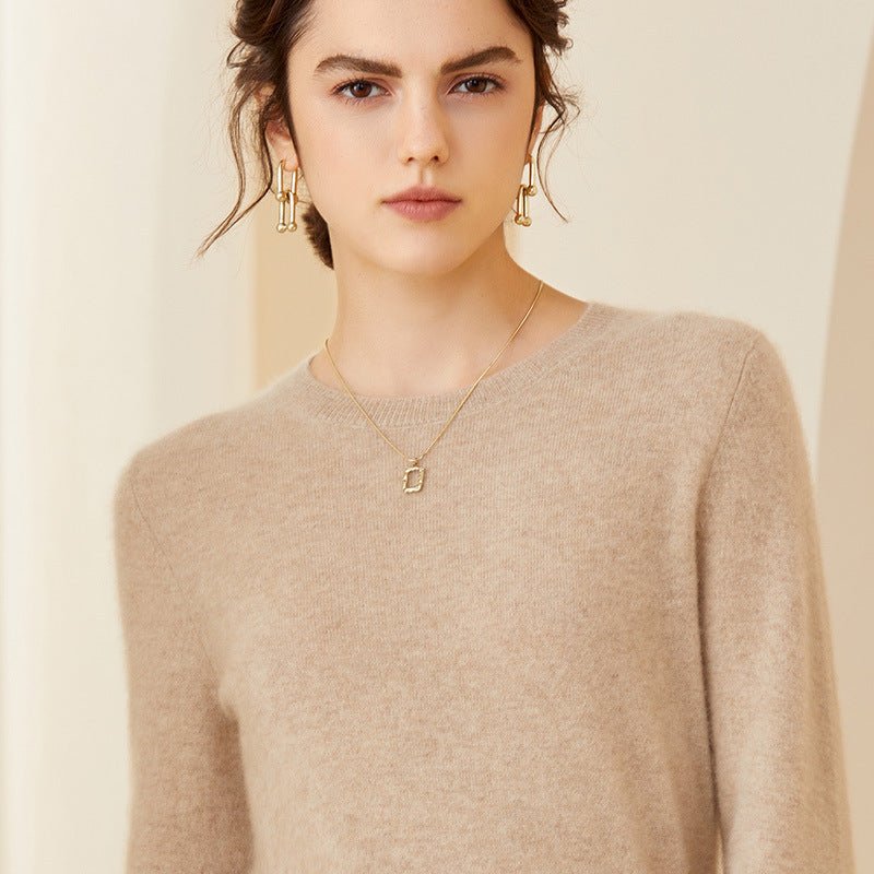 Womens Cashmere Crew Neck Sweater Long Sleeves Pullover Cashmere Tops Beige XS