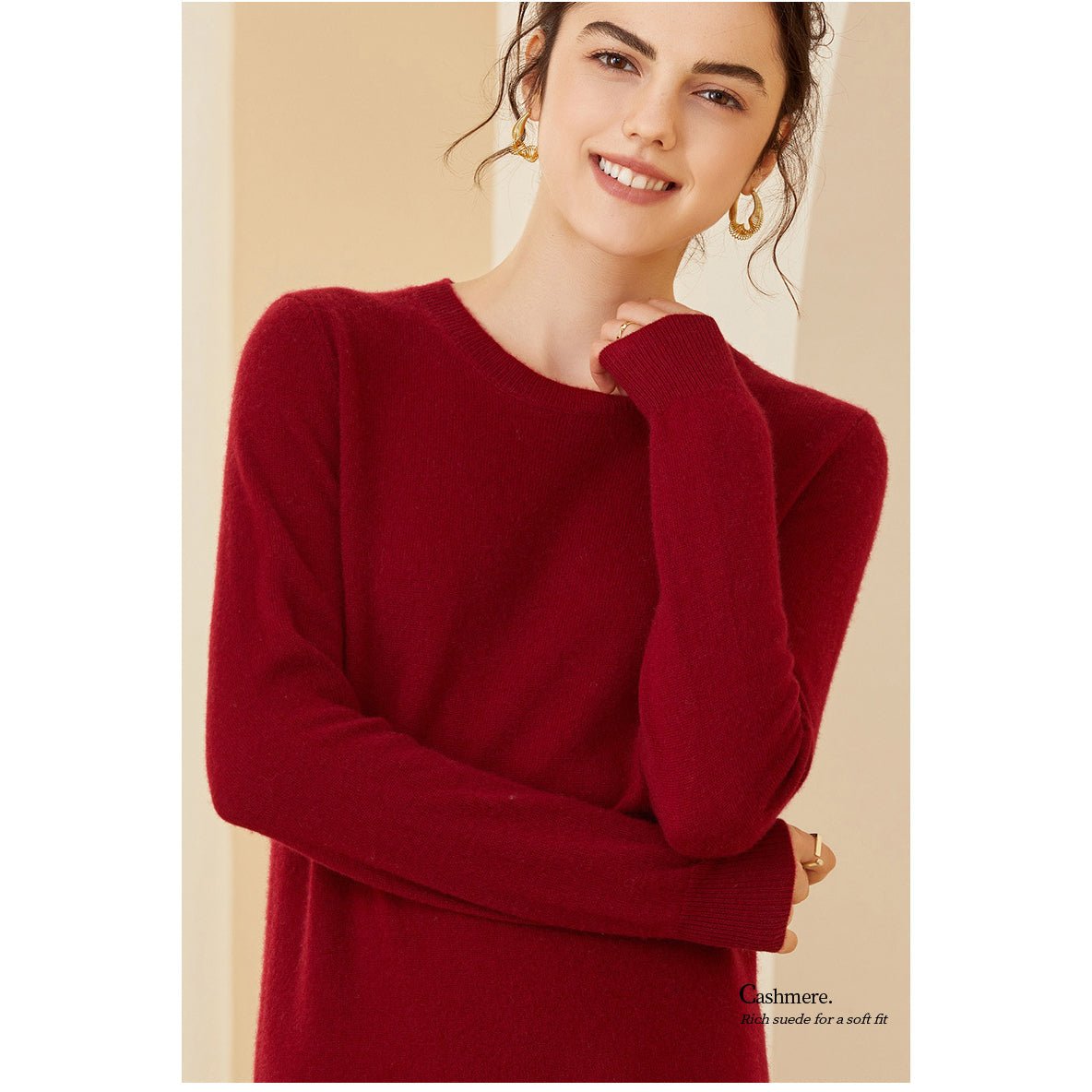 Womens Cashmere Crew Neck Sweater Long Sleeves Pullover Cashmere Tops Red XS